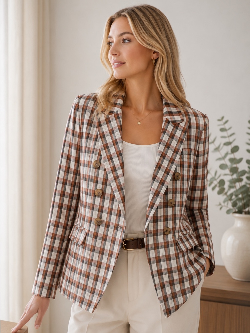 JOIE | Double Breasted Blazer Cotton Blend Checkered Plaid Size Small